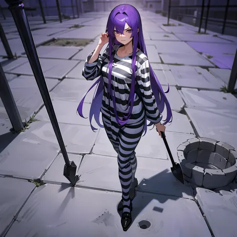 woman with long purple hair, stern look, striped prison clothes, long sleeve shirt, round neckline, holding shovel and digging a...