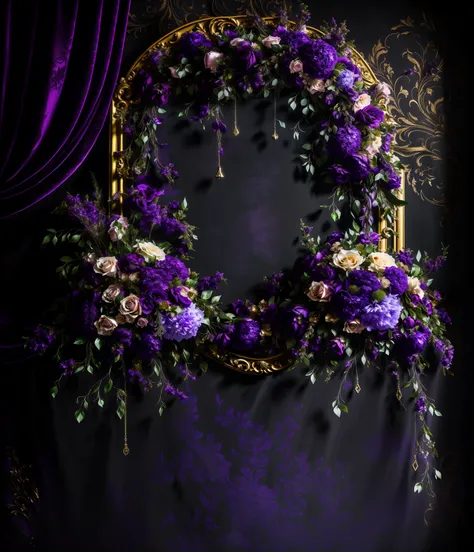 purple and purple flowers and greenery are arranged in a gold frame, stunning arcanum backdrop, baroque style painting backdrop, ornate backdrop, draped in velvet and flowers, black purple studio background, mystical baroque, dreamy atmosphere and drama, f...