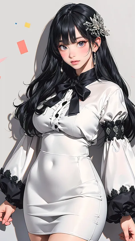 best quality, (photorealistic:1.2), masterpiece, best quality, solo, woman, perfect slim fit body, thick thighs, large breasts, detailed face, face focus, standing, black hair,(hair ornament:1.35),office lady, ribbon-trimmed sleeves, detached sleeves, ribb...