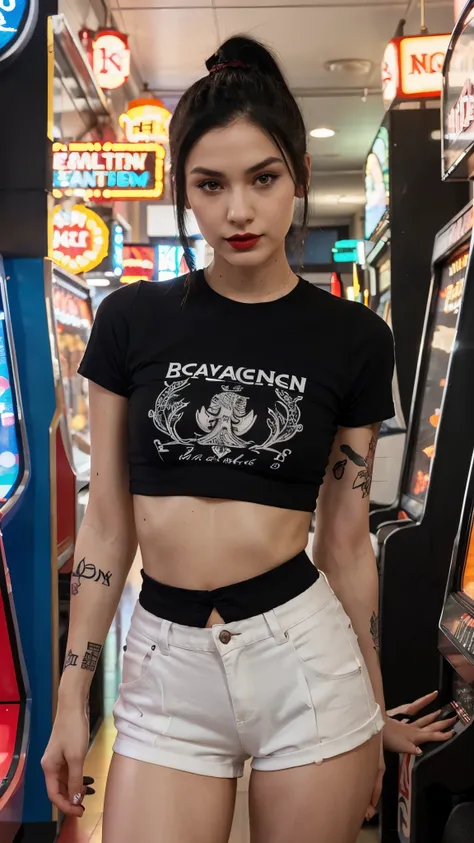 Beautiful skinny girl, white skin, shapely breasts, tattoos, ponytail black hair, short patterned t-shirt, black shorts, makeup, red lipstick, great lighting, in an arcade in Los Angeles, small nose