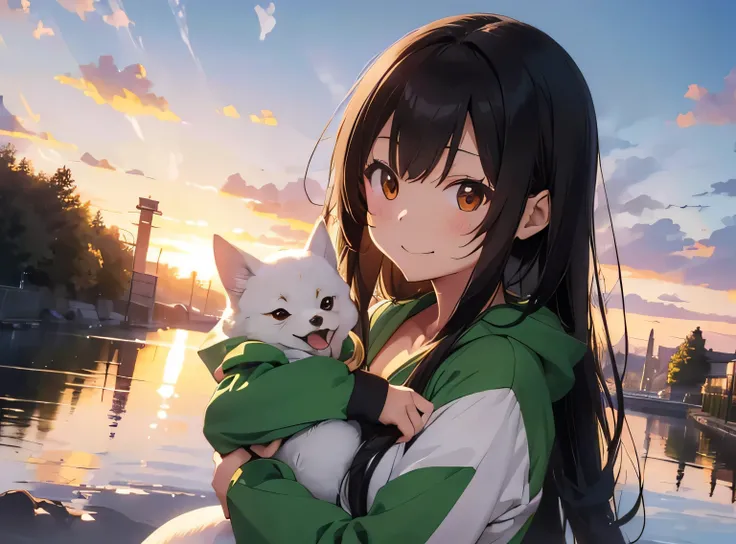 cute illustration、(１black haired woman、hair length、slim body shape、Oriental Green Dragon Kigurumi、Kigurumi、東洋の竜の角がついたKigurumi)、1Holding a white Shiba Inu、laughter、sunrise