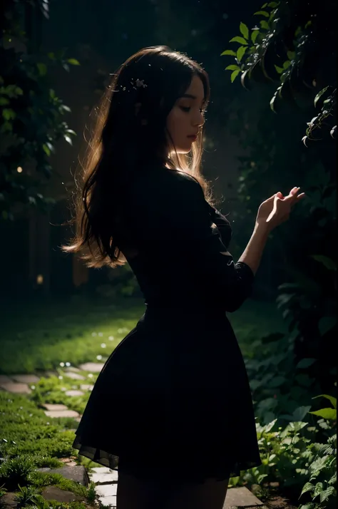 silhouette art，Girl silhouette texture clear，graceful gesture，gentle curves，dance，flowing hair，moon，dazzling stars。(Psychedelic style background)，Ethereal，distortion，whimsical，(charming garden)，Enigmatic Atmosphere，Romantic。delicate lines，subtle texture，Co...