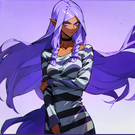 woman with long purple hair, stern look, striped prison clothes, long sleeve shirt, round neckline, white slippers, upper body, ...