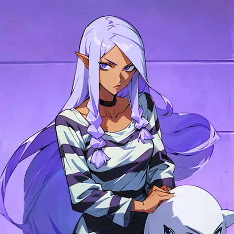 woman with long purple hair, stern look, striped prison clothes, long sleeve shirt, round neckline, white slippers, upper body, ...