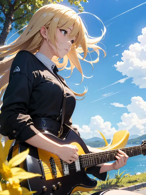 masterpiece, best quality, 1girl, dynamic angle, floating hair, sunny, Blue sky, オーバーサイズの黒いパーカー,  絶景, playing electric guitar, after the rain, 
