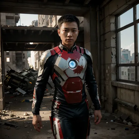 create a realistic photo of a chinese teenager walking in an ironman suit without a helmet. there was a destroyed tank exploding behind him.
The ironman suit worn has scuffs and scratches.
location in the ruins of the city.
sharp focus, Cinematic lighting,...