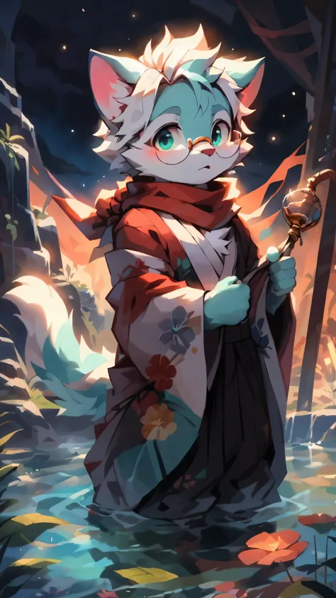 a portrait of a old, fully grown mature and aged  male cat with big round circle glasses and a red scarf, The cat is very tall. bushy tail, and perked-up fluffy big ears, one ear is lowered. He is fully clothed, he wears a fluffy warm and cozy kimono, a ha...