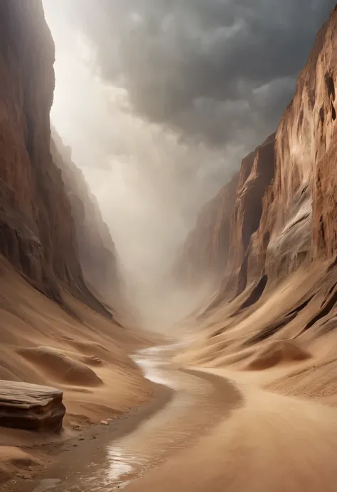 (desert canyon:1.5)，Narrow canyon in the middle of the desert,(sandstorm，tornado:1.4)，The hurricane rolled up the yellow sand and covered the sky，广阔的desert canyon,dramatic scenery,red sandstone formation,huge rock cliff,stunning landscape,deep and narrow r...