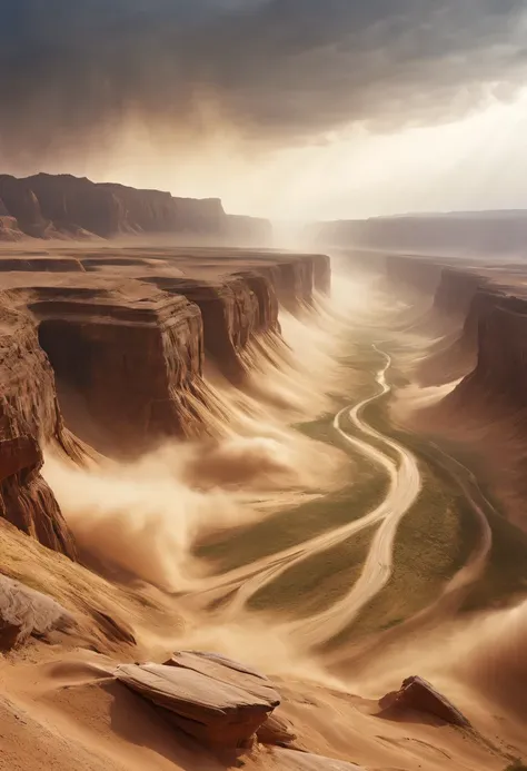 (desert canyon:1.5)，Narrow canyon in the middle of the desert,(sandstorm，tornado:1.4)，The hurricane rolled up the yellow sand and covered the sky，广阔的desert canyon,dramatic scenery,red sandstone formation,huge rock cliff,stunning landscape,deep and narrow r...