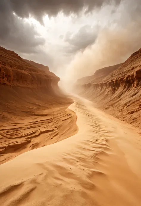 (desert canyon:1.5)，Narrow canyon in the middle of the desert,(sandstorm，tornado:1.4)，The hurricane rolled up the yellow sand and covered the sky，广阔的desert canyon,dramatic scenery,red sandstone formation,huge rock cliff,stunning landscape,deep and narrow r...