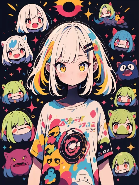 alta calidad、Neon color palette、calidad de imagen de alto nivel、Chica kawaii、Unprecedented number of draws、Estilo anime、Geometric pattern background、Estilo de pegatina、cabello corto、Pelo oscuro、Brown eyes, pelo despeinado, Menhera, ataduras, Ropa holgada, ...