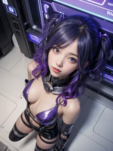 ((realistic)), ((best quality)), ((masterpiece)), (ultra details), 1girl, futuristic, cute face, k-pop idle IVE, messy hair, curly hair, wearing パワードスーツ、mechanical, wearing futuristic clothing, posing in bed, shot from above, sleeping in bed, sleeping, bac...