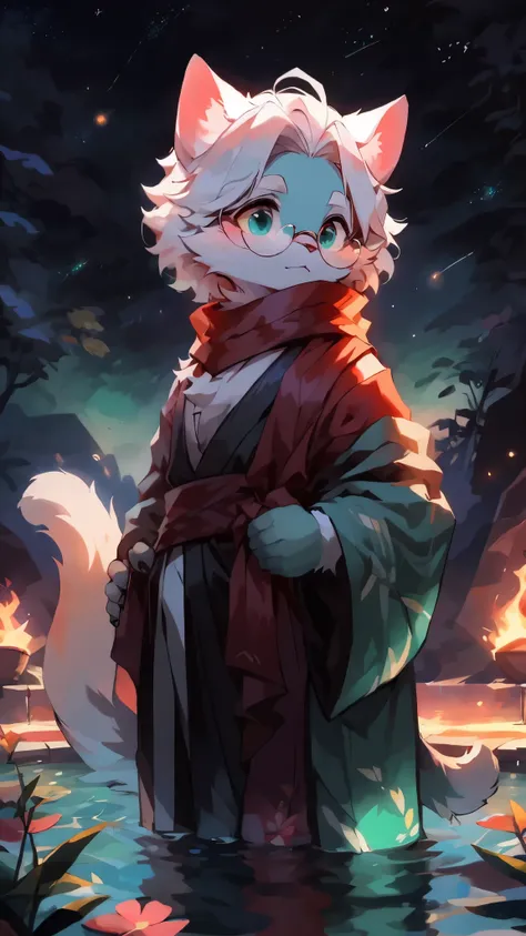 a portrait of a old, fully grown mature and aged  male cat with big round circle glasses and a red scarf, The cat is very tall. bushy tail, and perked-up fluffy big ears, one ear is lowered. He is fully clothed, he wears a fluffy warm and cozy kimono, a ha...