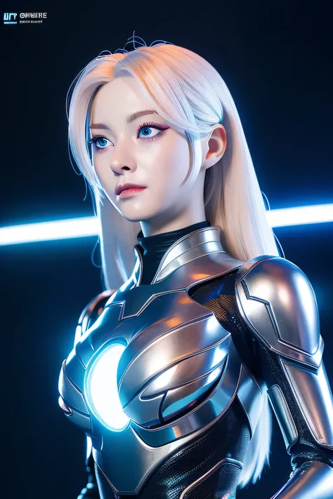 (best quality, ultra-detailed, realistic:1.37), high definition, android goddess, silver dress, white hair, blue eyes, glowing eyes, hollow eyes, empty stare, brainwashed, standing at attention, display case