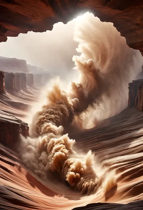 (desert canyon:1.5)，Narrow canyon in the middle of the desert,sandstorm，tornado，广阔的desert canyon,dramatic scenery,red sandstone formation,huge rock cliff,stunning landscape,deep and narrow ravine, in the style of photo realistic landscapes, Stone sculpture...