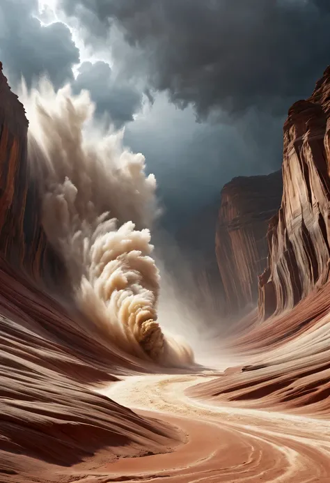 (desert canyon:1.5)，Narrow canyon in the middle of the desert,sandstorm，tornado，广阔的desert canyon,dramatic scenery,red sandstone formation,huge rock cliff,stunning landscape,deep and narrow ravine, in the style of photo realistic landscapes, Stone sculpture...