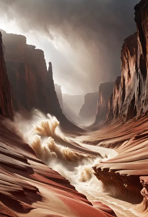 (desert canyon:1.5)，Narrow canyon in the middle of the desert,sandstorm，tornado，广阔的desert canyon,dramatic scenery,red sandstone formation,huge rock cliff,stunning landscape,deep and narrow ravine, in the style of photo realistic landscapes, Stone sculpture...