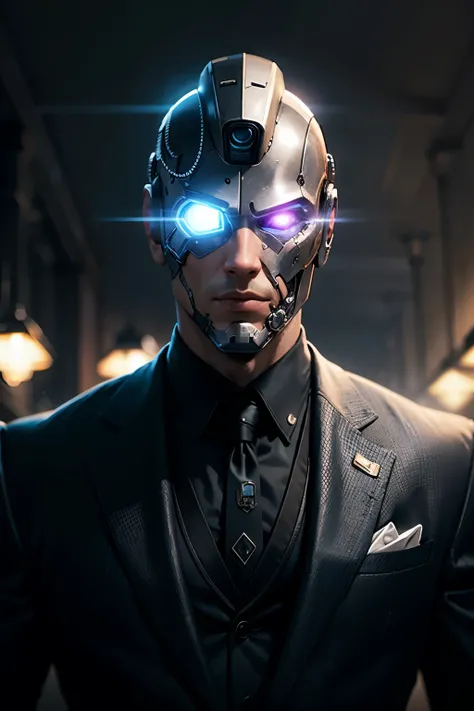 homem com (human head wearing black suit | cyborg head wearing black suit:1.2), parte superior do corpo, HDR , Cinematic lighting