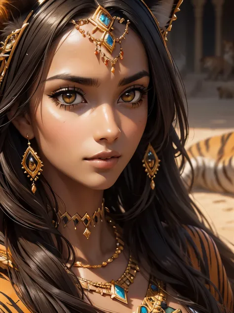 ((best quality)), ((masterpiece)), (detailed), (close up), (headshot), dark skin, perfect face, beautiful middle eastern woman surrounded by tigers, tigress, middle east background, HDR, 4K, 3D