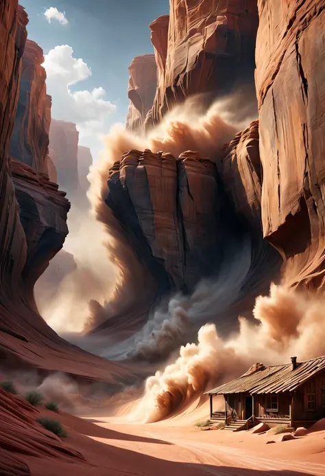 (desert canyon:1.5)，Narrow canyon in the middle of the desert,sandstorm，tornado，广阔的desert canyon,dramatic scenery,red sandstone formation,huge rock cliff,stunning landscape,deep and narrow ravine, in the style of photo realistic landscapes, Stone sculpture...