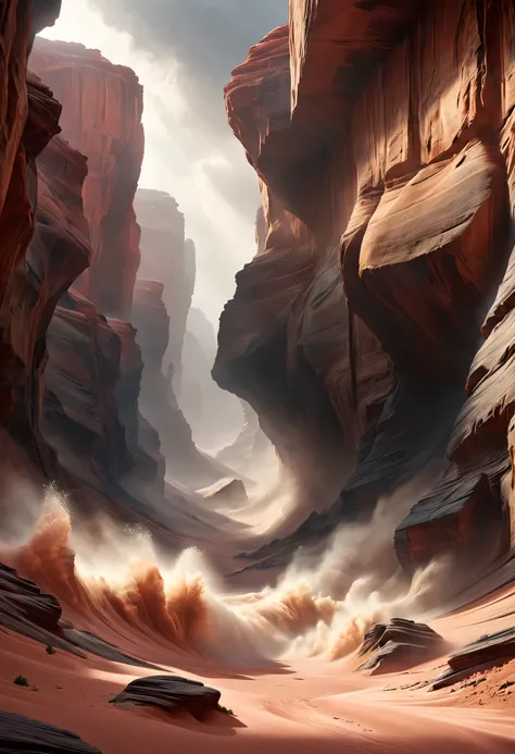 (desert canyon:1.5)，Narrow canyon in the middle of the desert,sandstorm，tornado，广阔的desert canyon,dramatic scenery,red sandstone formation,huge rock cliff,stunning landscape,deep and narrow ravine, in the style of photo realistic landscapes, Stone sculpture...