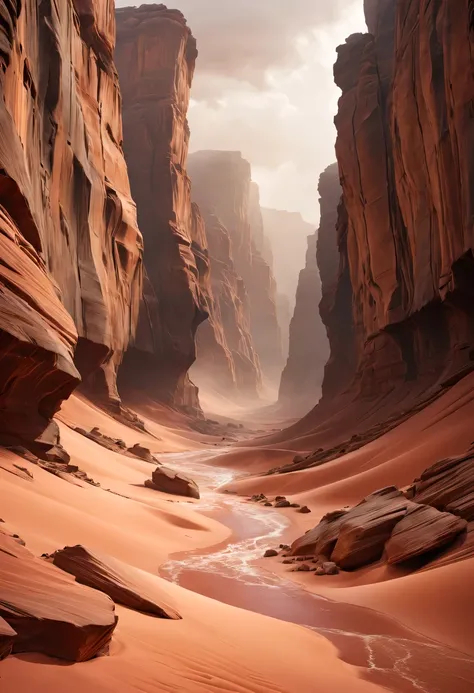 (desert canyon:1.5)，narrow canyon in the middle of the desert,sandstorm，tornado，广阔的desert canyon,dramatic scenery,red sandstone ...