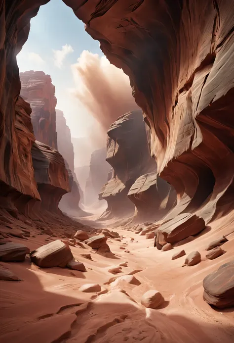 (desert canyon:1.5)，narrow canyon in the middle of the desert,sandstorm，tornado，广阔的desert canyon,dramatic scenery,red sandstone ...