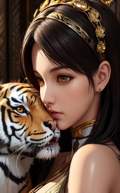 a woman with a tiger in her hand and a gold headband, artgerm ; 3d unreal engine, 8k high quality detailed art, beautiful digital artwork, trending digital fantasy art, fantasy art style, digital fantasy art ), 4k highly detailed digital art, trending artg...