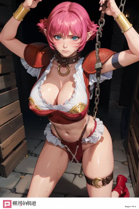 ((pink hair、collar、scapula、pelvic cadal bracelet、armlet、red shoulder armor、crop top、long legs、shibari:1.5))、(huge boobs:1.2、beau...