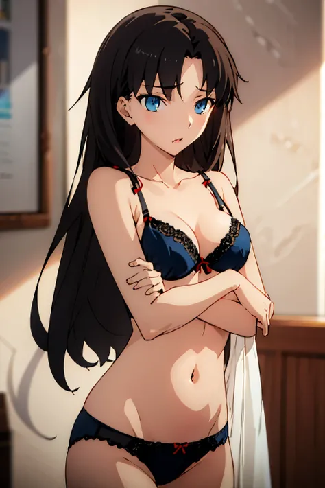 (Best Quality, Masterpiece),sexy, erotic, 1girl, 18 years old, Contempt, pride, long black hair, ((blue eyes)), ((small breasts)), ((bra)), panties