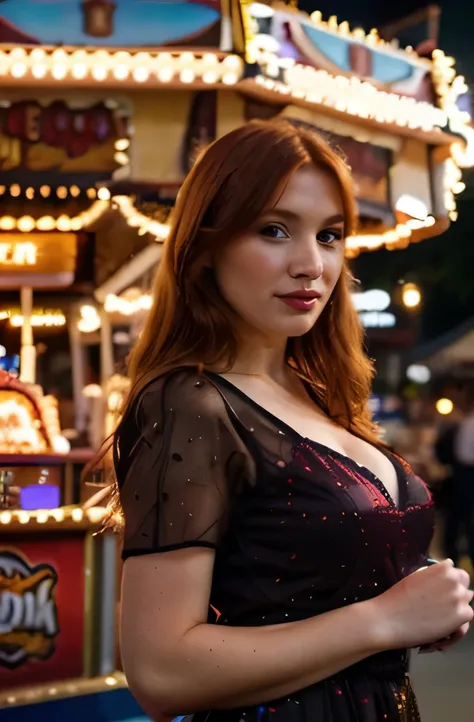 gorgeous ginger female, funfair, photorealism, epic, bokeh, 100mm lens, sony a7iv, dressed, sfw