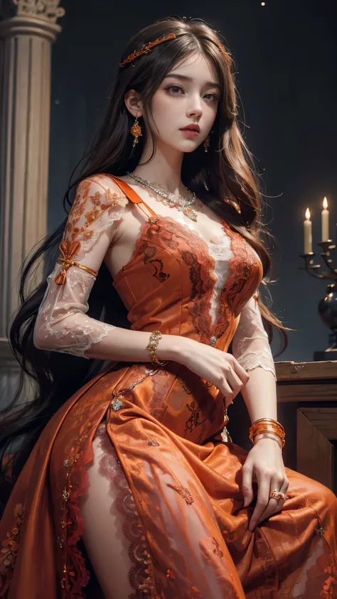 8K, ultra HD, Masterpiece, 1 girl, good face, very long hair, spreading hair, detailed eyes, lovely lips, shining orange dress, decorated dress, strap dress, (lace:1.5), (jewellery:1.5), night background,