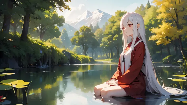 young woman, white long hair, Red eyes, sits and meditates on the pond