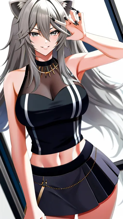 absurdres, highres, best quality,  Botan, black top, fur-trim, oionlion ears, messy hair, skirt, messy hair, grey eyes, grey hair, long hair, black nails, sharp nails, dynamic pose, sexy pose, seductively smile,