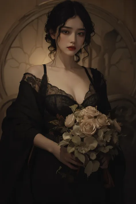 chiaroscuro technique on  illustration of an elegant oldies , wet hair, vintage, eerie, matte painting, by hannah dale, by harum...