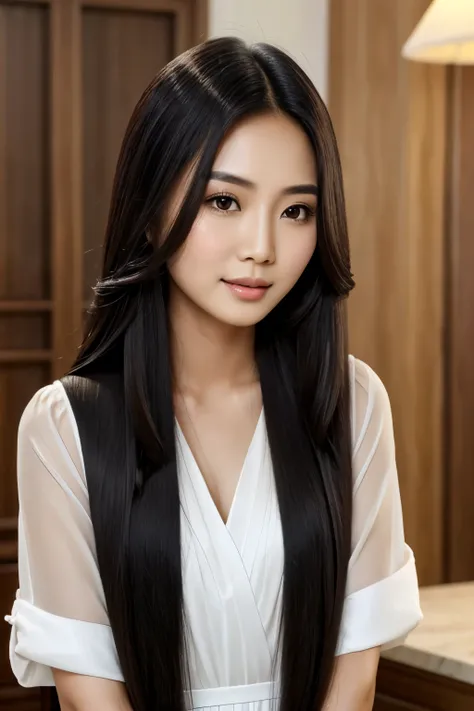 Realistic photo of myanmar actress ei chaw po(1 cute myanmar actress) long straight hair, thin makeup, medium breasts, long dress, close up, Canon EOS clear facial features 8K high resolution, sharp detail, realistically, waist long hair, girl with super l...