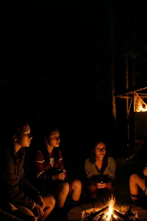 A group of young people sit around the fire where they are camping at dusk. The eyes and the silhouette of the female killer appearing in the forest behind her.