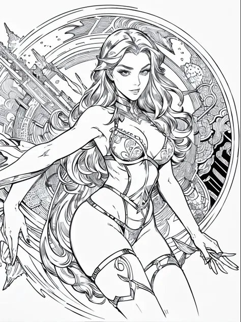 Full body shot adult colouring book, no detail, outline no colour, fill frame, clipart white background an ultra hot gorgeous european woman, age 23, she’s a men magazine model, she’s a playmate. She a futuristic warrior, wears sheer lace lingerie, high de...