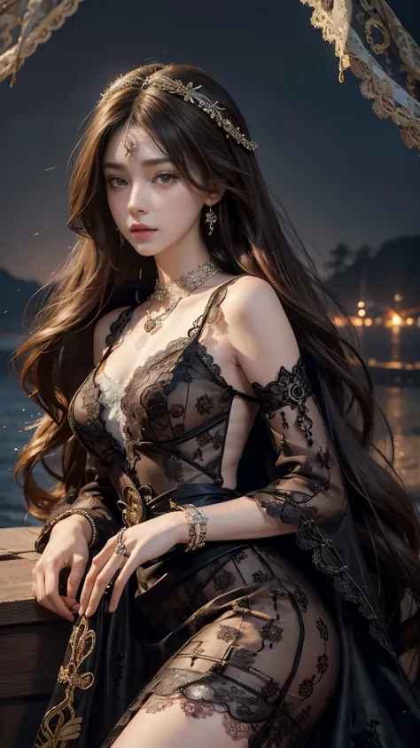 8K, ultra HD, Masterpiece, 1 girl, good face, very long hair, spreading hair, detailed eyes, lovely lips, shining brown dress, decorated dress, strap dress, bare waist, (lace:1.5), (jewellery:1.5), night background,