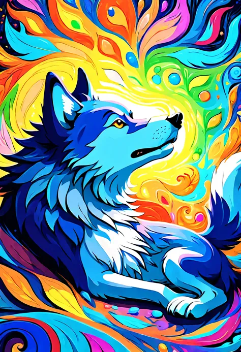 sleep with your own bushy tail as a pillow wolf, on backdrop energy splash, backdrop style of abstract expressionism, stunning i...