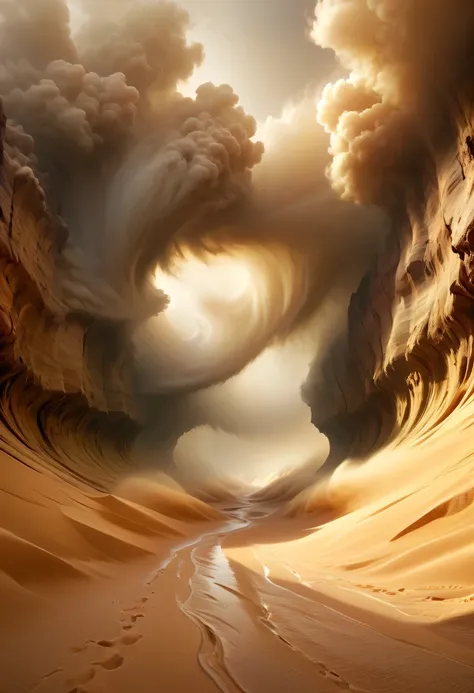 (deep, narrow desert canyon:1.8)，narrow canyon in the middle of the desert,underground canyon,deep and narrow ravine,(sandstorm，...