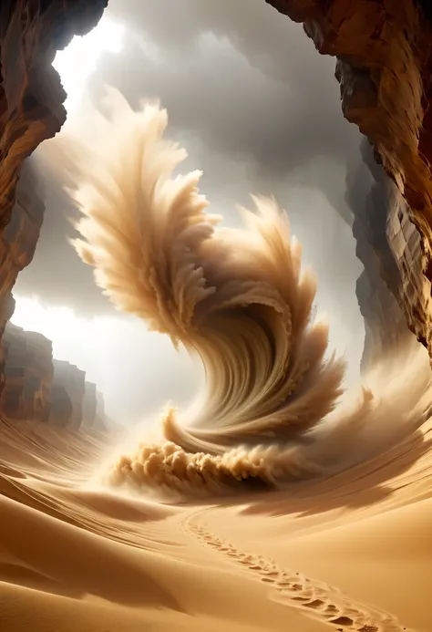 (deep, narrow desert canyon:1.8)，Narrow canyon in the middle of the desert,underground canyon,deep and narrow ravine,(sandstorm，tornado:1.4)，The hurricane rolled up the yellow sand and covered the sky，flying sand，Abandoned houseroken mounds of earth，broken...