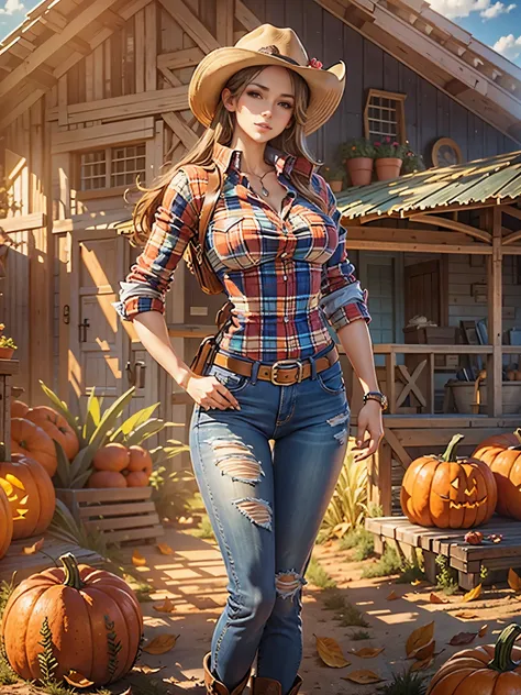 Masterpiece, art, full body shot, young beautiful woman, flawless skin, textured skin, very large firm breasts, perfect proportions, cowgirl, plaid shirt, jeans, boots, hat, gloves, farmhouse, sunshine, blue sky, pumpkin patch, anime, sexy, erotic, UHD res...