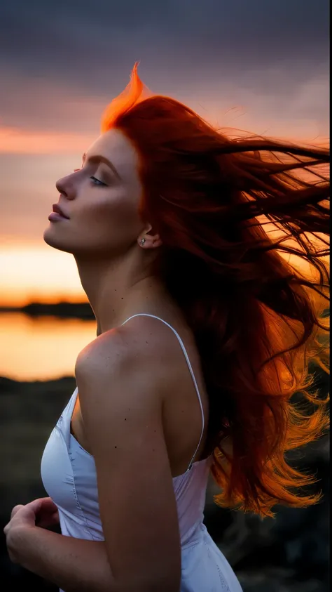 a photograph of a redhead woman with windswept tresses, her hair entangled like flames against a twilight sky, emanating untamed...