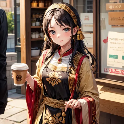 A character with a coffee bean motif in ethnic costume