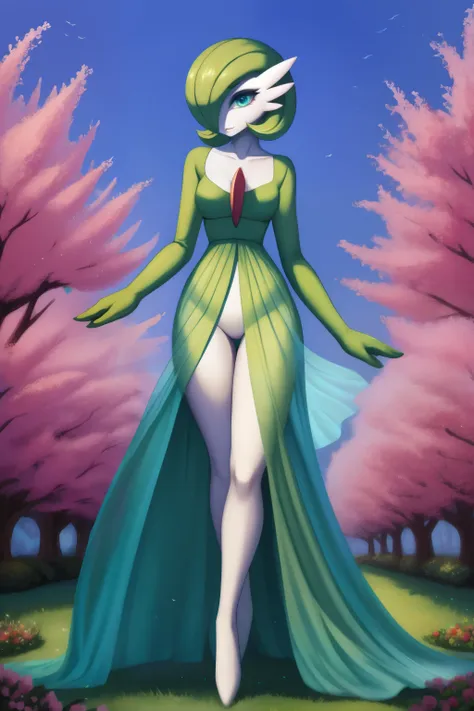 gardevoir, detailed eyes, mesmerizing eyes, enchanting gaze, ethereal beauty, flowing gown, serene garden, ethereal aura, delica...