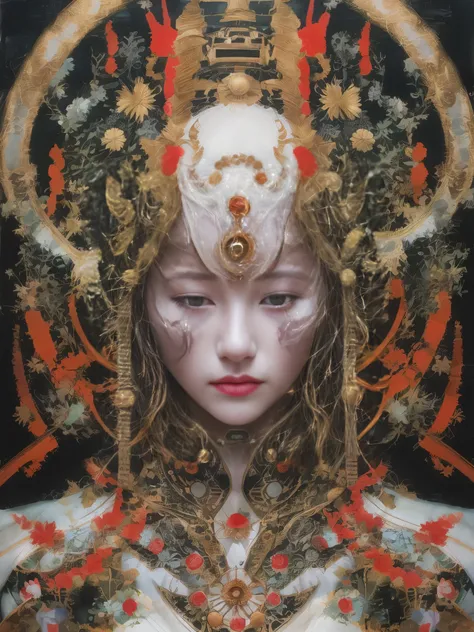 a close up of a woman with a white face and a red headdress, portrait of a cyborg queen, portrait of a robot shaman, ruan jia and joao ruas, ghost in the shell geisha robot, james jean and wlop, wlop and krenz cushart, guweiz masterpiece, very beautiful cy...