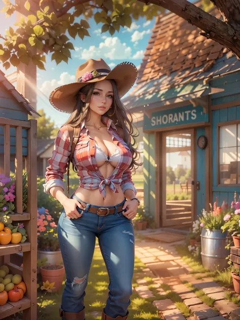 Masterpiece, art, full body shot, young beautiful woman, flawless skin, textured skin, very large firm breasts, perfect proportions, cowgirl, plaid shirt tied, jeans pants, boots, hat, gloves, farmhouse, sunshine, blue sky, vegetable garden, anime, sexy, e...