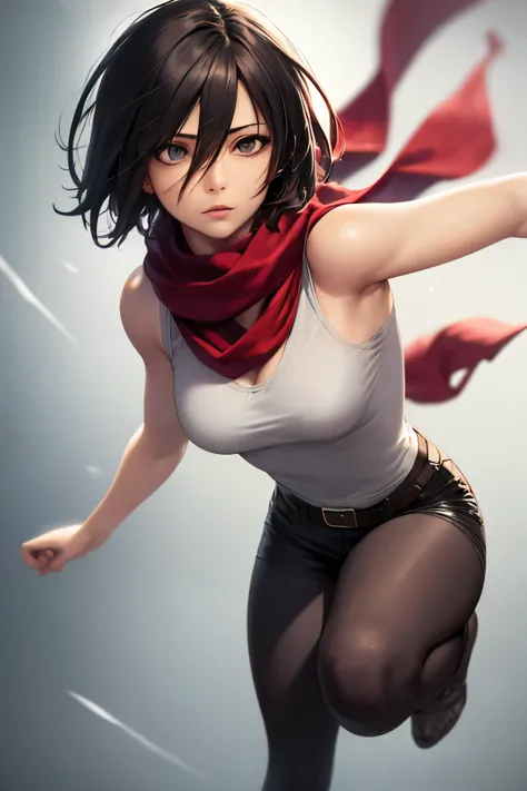 ((best quality)), ((masterpiece)), ((Realistic)), ((eyes on view)), anatomy, 1girl, Mikasa Ackerman, Hair between the eyes, Short hair, Gray eyes, beautifull face, full body, short red scarf around the neck, action angle, ((dynamic poses))