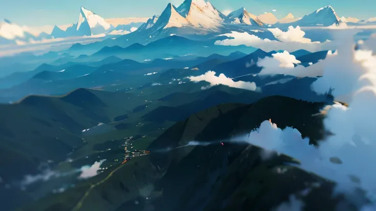 mountains viewd from above, misty, dark fantasy, dark